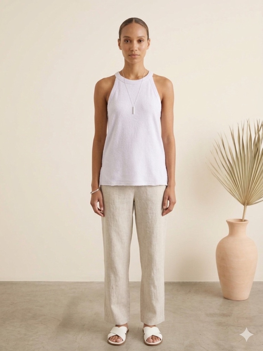 Aerie High Neck Fleece Tank Top Sweatshirt White  Raw Hem Coastal Minimalist